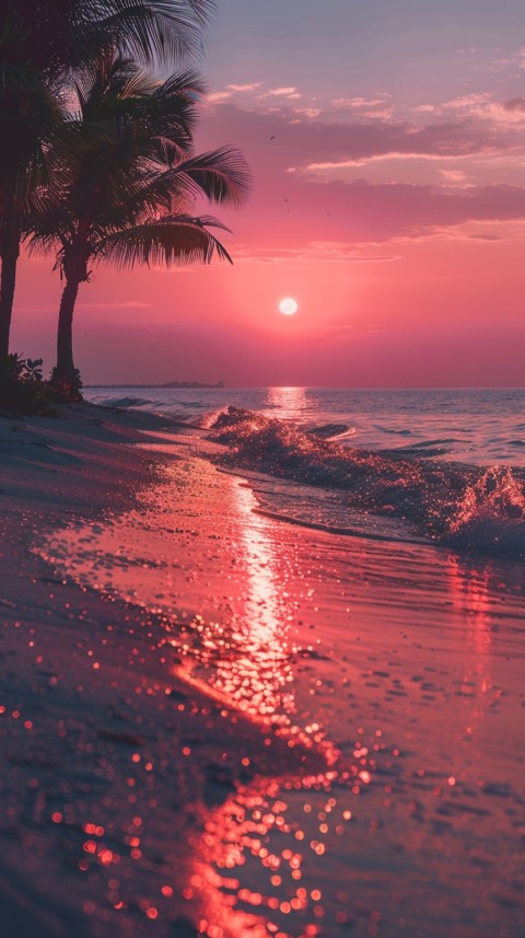 Beautiful beach Aesthetic with palm trees, sparkling water, pink and purple sky, sunset, sparkling glitter on the sand (277)