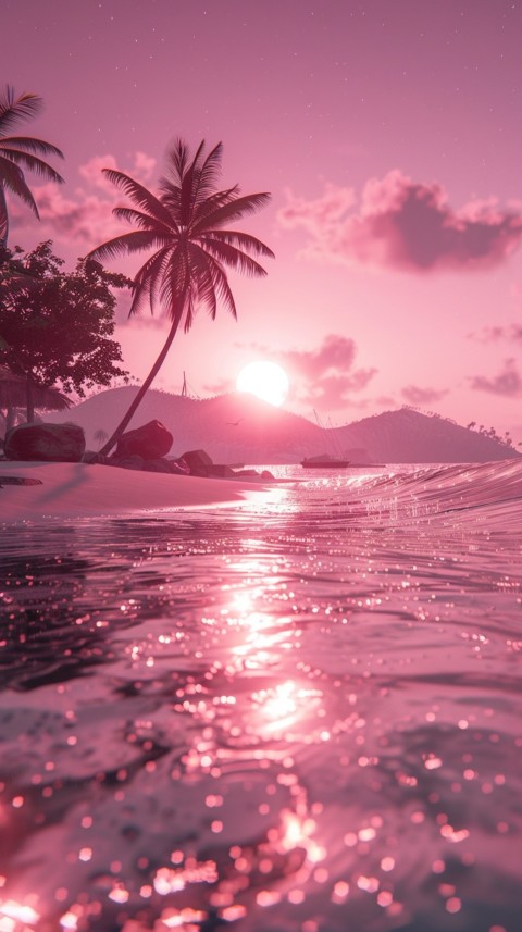 Beautiful beach Aesthetic with palm trees, sparkling water, pink and purple sky, sunset, sparkling glitter on the sand (295)