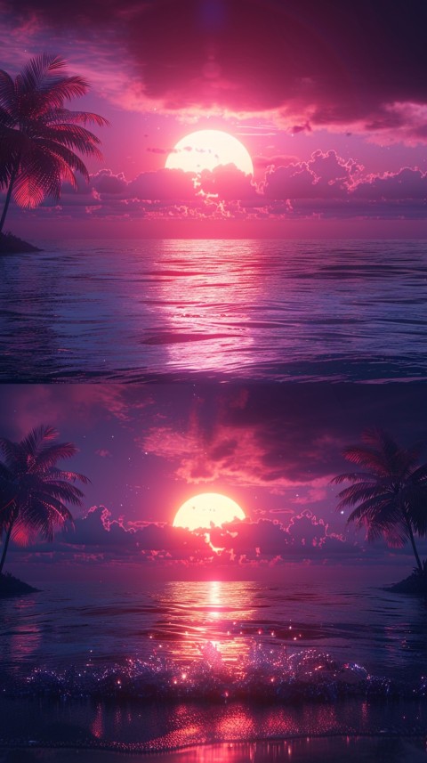 Beautiful beach Aesthetic with palm trees, sparkling water, pink and purple sky, sunset, sparkling glitter on the sand (270)