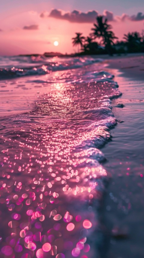 Beautiful beach Aesthetic with palm trees, sparkling water, pink and purple sky, sunset, sparkling glitter on the sand (276)