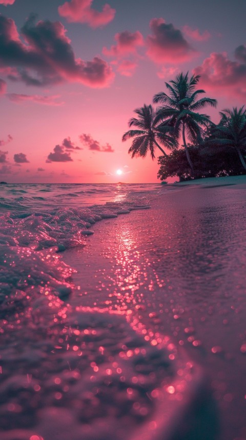 Beautiful beach Aesthetic with palm trees, sparkling water, pink and purple sky, sunset, sparkling glitter on the sand (294)