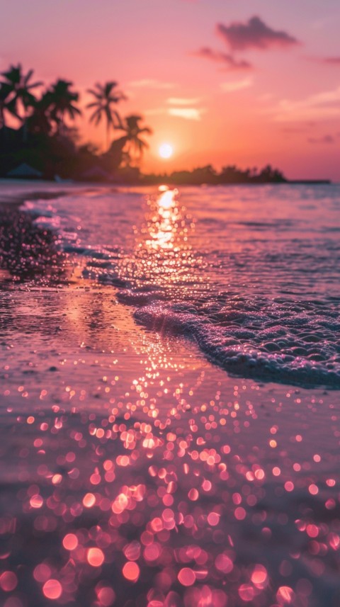 Beautiful beach Aesthetic with palm trees, sparkling water, pink and purple sky, sunset, sparkling glitter on the sand (271)