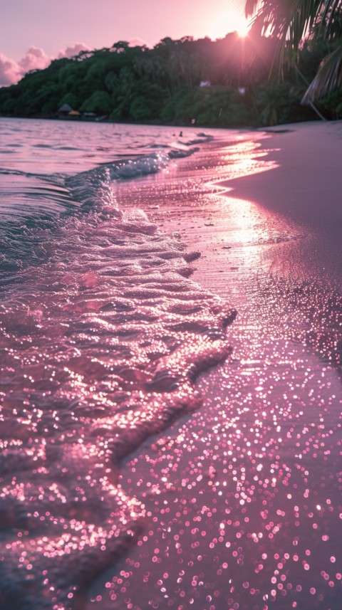 Beautiful beach Aesthetic with palm trees, sparkling water, pink and purple sky, sunset, sparkling glitter on the sand (261)
