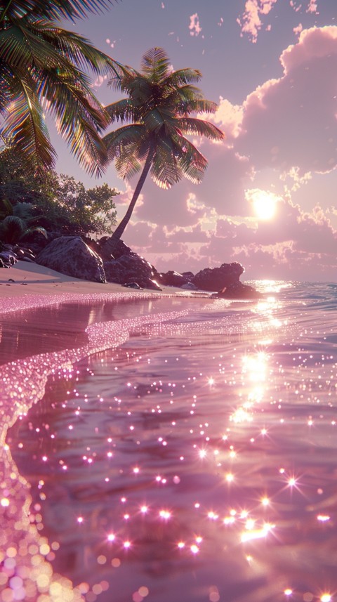Beautiful beach Aesthetic with palm trees, sparkling water, pink and purple sky, sunset, sparkling glitter on the sand (291)