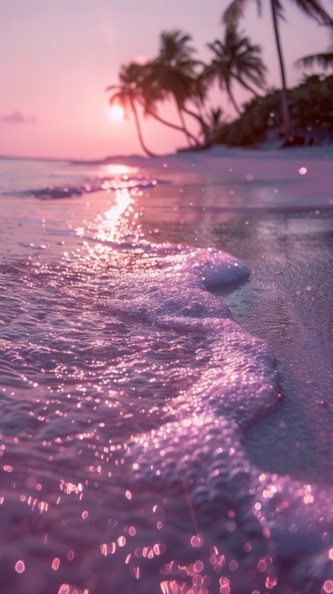 Beautiful beach Aesthetic with palm trees, sparkling water, pink and purple sky, sunset, sparkling glitter on the sand (279)