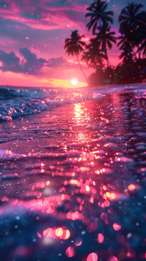 Beautiful beach Aesthetic with palm trees, sparkling water, pink and purple sky, sunset, sparkling glitter on the sand (300)