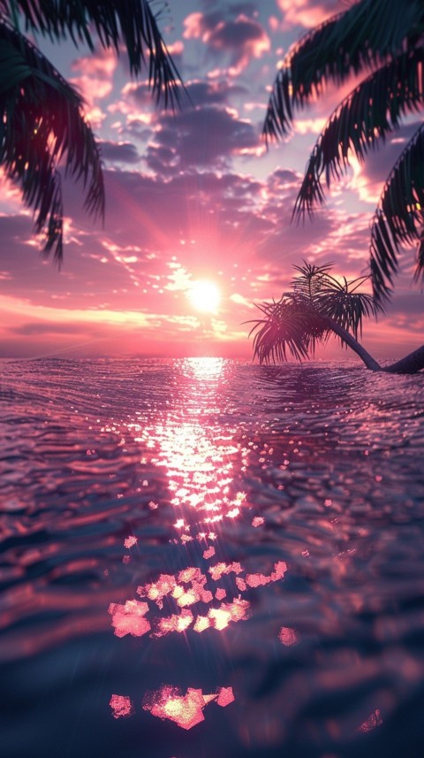 Beautiful beach Aesthetic with palm trees, sparkling water, pink and purple sky, sunset, sparkling glitter on the sand (299)