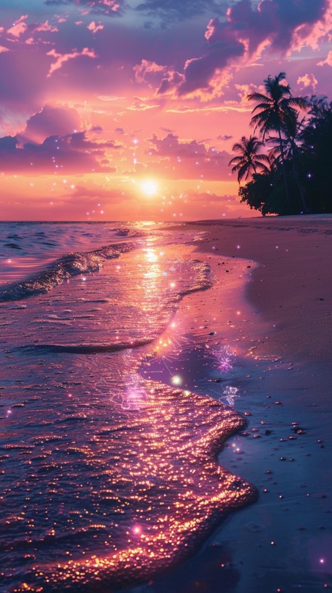 Beautiful beach Aesthetic with palm trees, sparkling water, pink and purple sky, sunset, sparkling glitter on the sand (260)