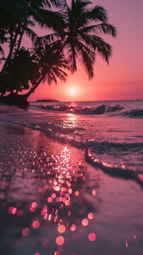 Beautiful beach Aesthetic with palm trees, sparkling water, pink and purple sky, sunset, sparkling glitter on the sand (263)