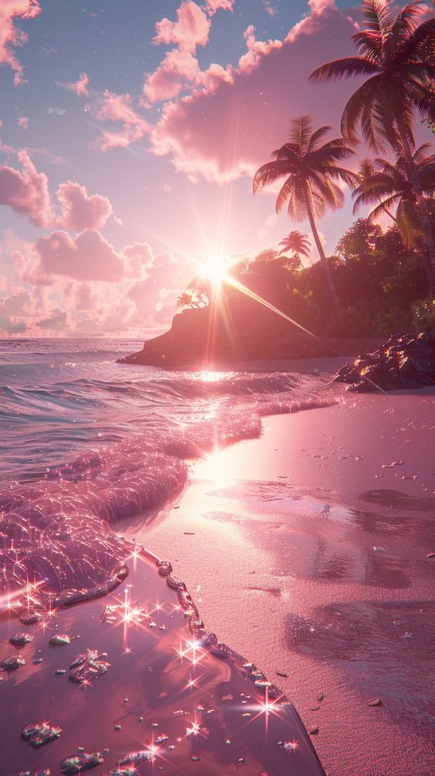Beautiful beach Aesthetic with palm trees, sparkling water, pink and purple sky, sunset, sparkling glitter on the sand (288)