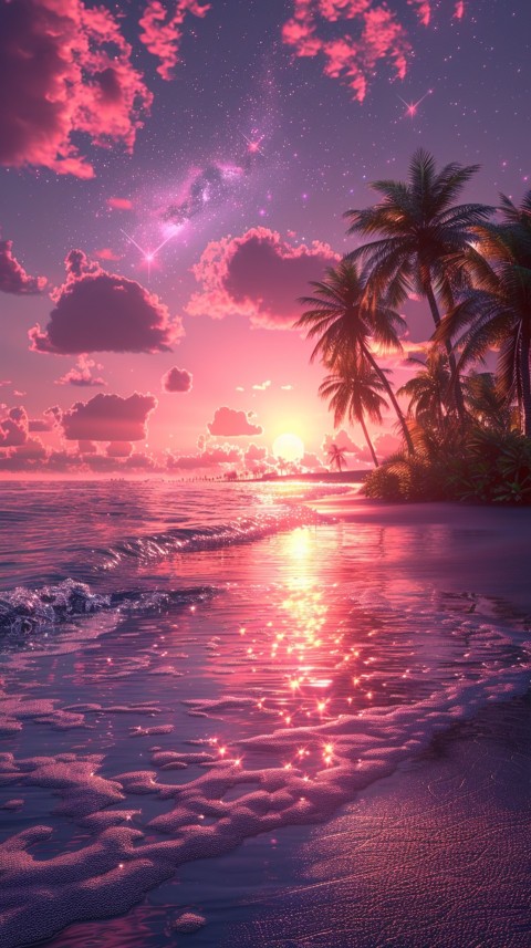 Beautiful beach Aesthetic with palm trees, sparkling water, pink and purple sky, sunset, sparkling glitter on the sand (275)