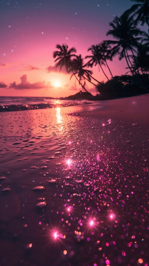 Beautiful beach Aesthetic with palm trees, sparkling water, pink and purple sky, sunset, sparkling glitter on the sand (253)