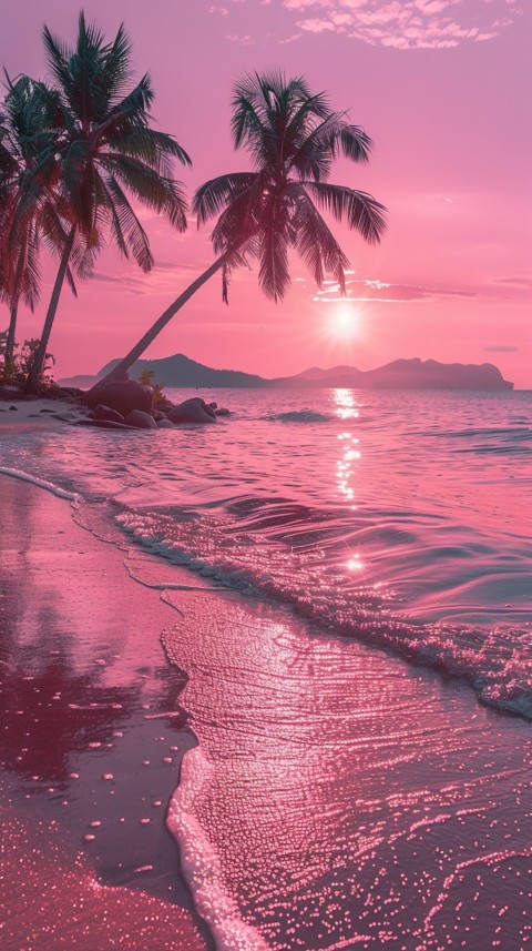 Beautiful beach Aesthetic with palm trees, sparkling water, pink and purple sky, sunset, sparkling glitter on the sand (293)