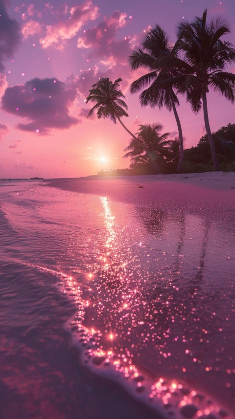 Beautiful beach Aesthetic with palm trees, sparkling water, pink and purple sky, sunset, sparkling glitter on the sand (321)