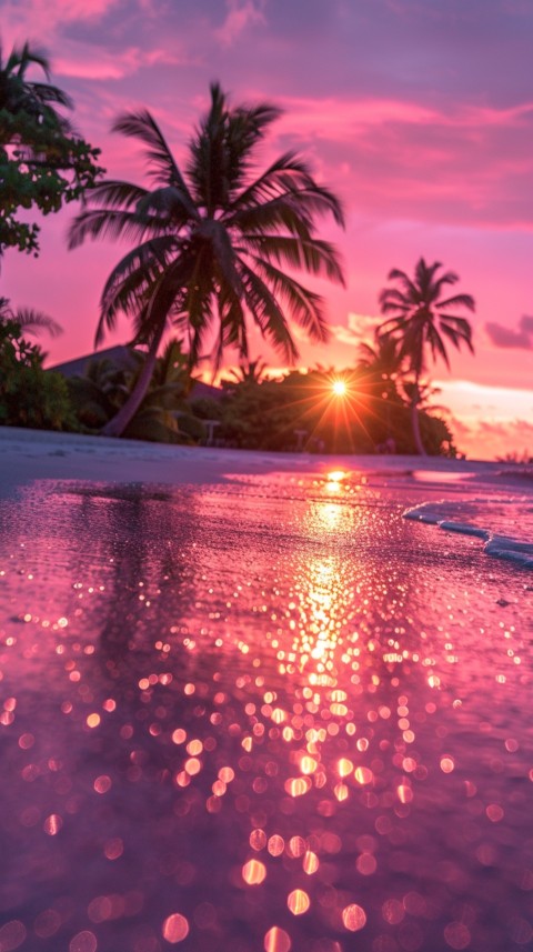 Beautiful beach Aesthetic with palm trees, sparkling water, pink and purple sky, sunset, sparkling glitter on the sand (309)