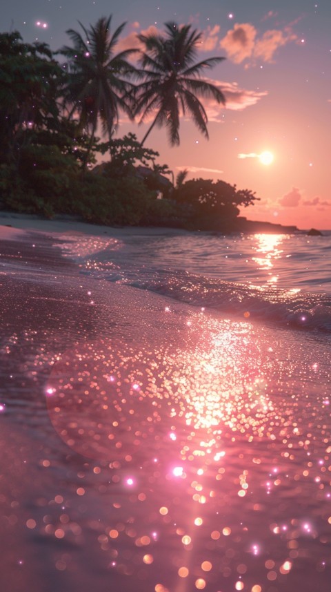 Beautiful beach Aesthetic with palm trees, sparkling water, pink and purple sky, sunset, sparkling glitter on the sand (322)