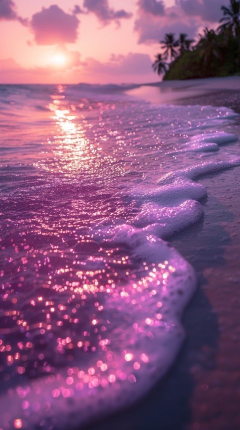 Beautiful beach Aesthetic with palm trees, sparkling water, pink and purple sky, sunset, sparkling glitter on the sand (320)