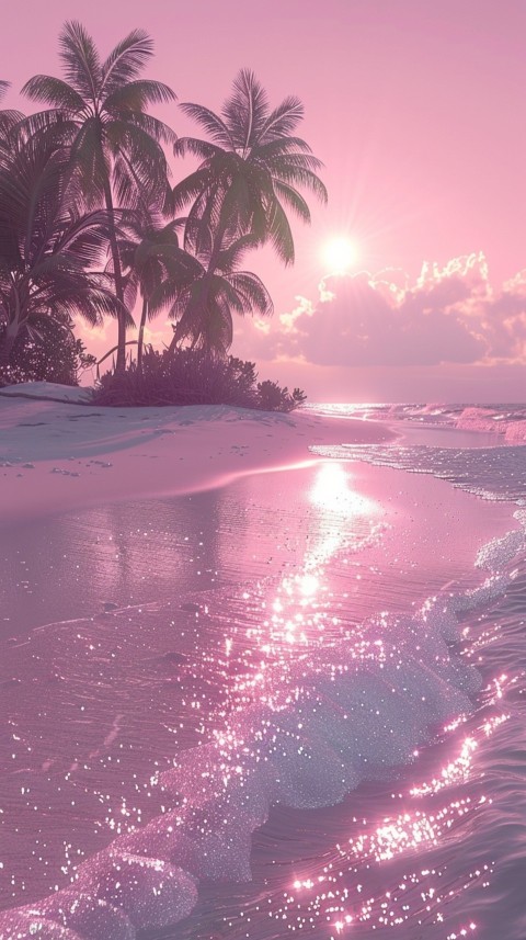 Beautiful beach Aesthetic with palm trees, sparkling water, pink and purple sky, sunset, sparkling glitter on the sand (326)