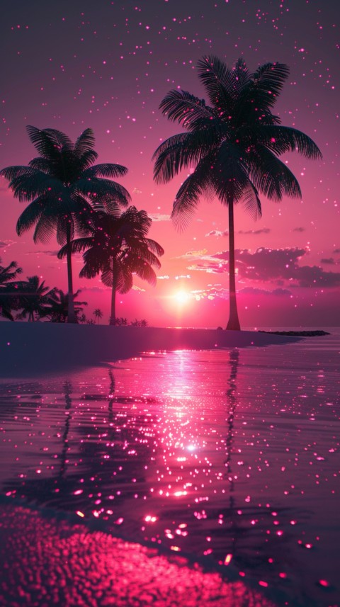 Beautiful beach Aesthetic with palm trees, sparkling water, pink and purple sky, sunset, sparkling glitter on the sand (323)