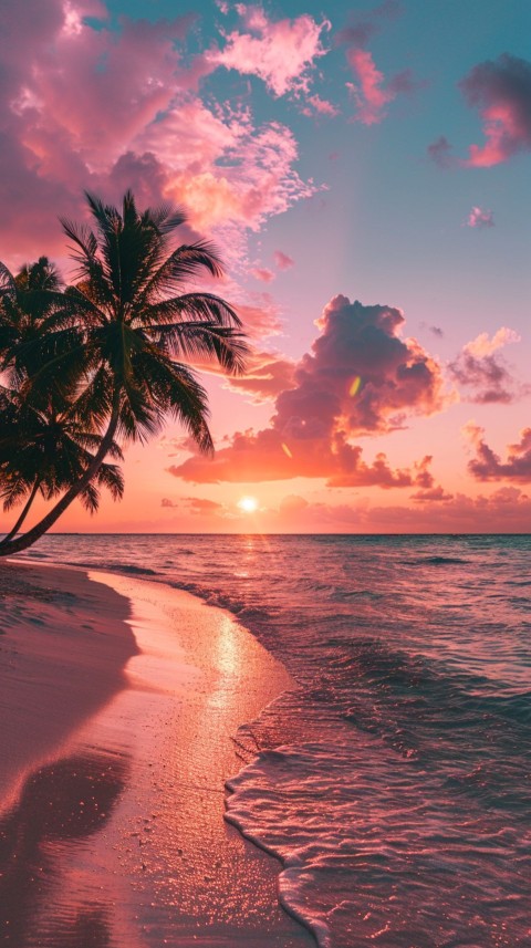 Beautiful beach Aesthetic with palm trees, sparkling water, pink and purple sky, sunset, sparkling glitter on the sand (311)