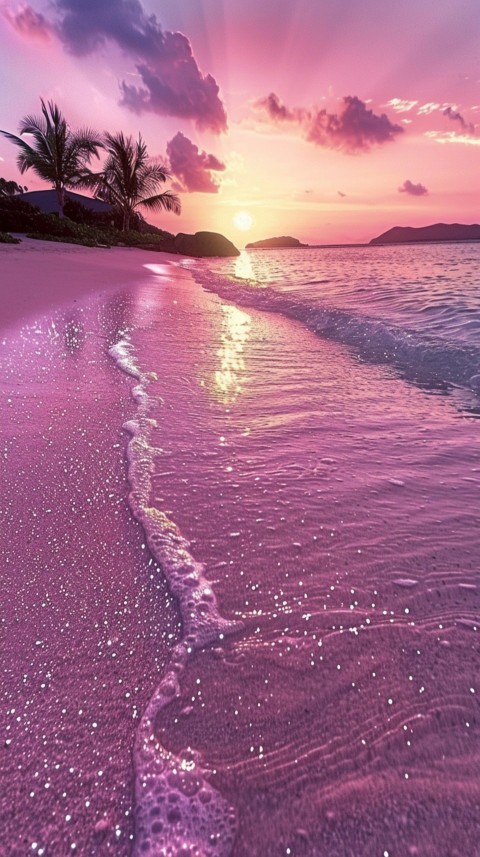 Beautiful beach Aesthetic with palm trees, sparkling water, pink and purple sky, sunset, sparkling glitter on the sand (302)