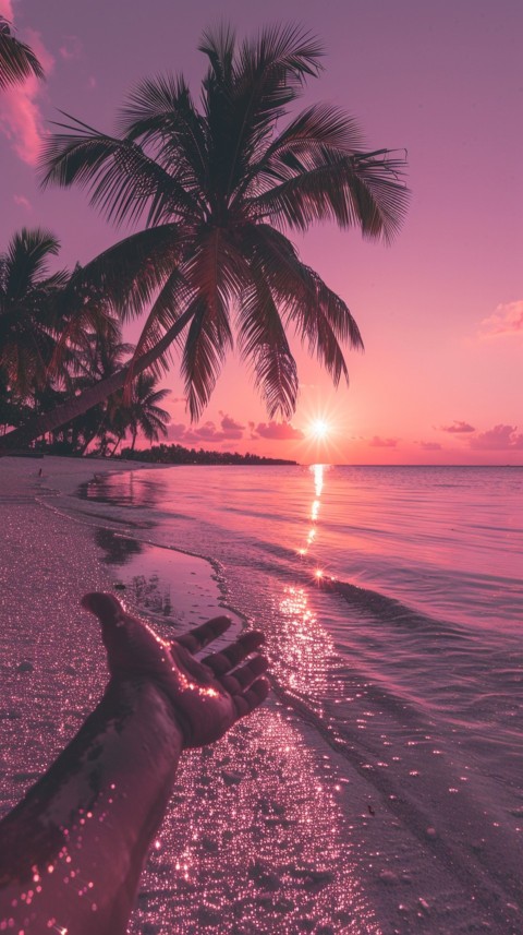 Beautiful beach Aesthetic with palm trees, sparkling water, pink and purple sky, sunset, sparkling glitter on the sand (318)