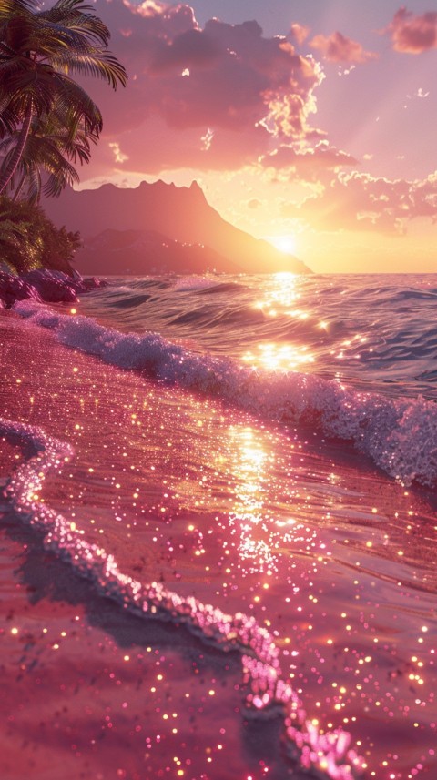 Beautiful beach Aesthetic with palm trees, sparkling water, pink and purple sky, sunset, sparkling glitter on the sand (304)
