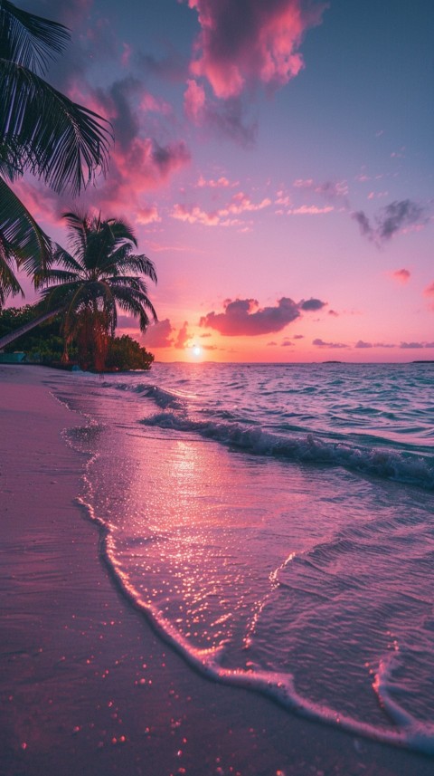Beautiful beach Aesthetic with palm trees, sparkling water, pink and purple sky, sunset, sparkling glitter on the sand (329)