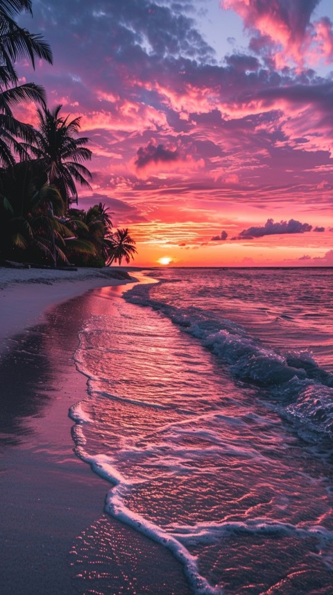 Beautiful beach Aesthetic with palm trees, sparkling water, pink and purple sky, sunset, sparkling glitter on the sand (314)
