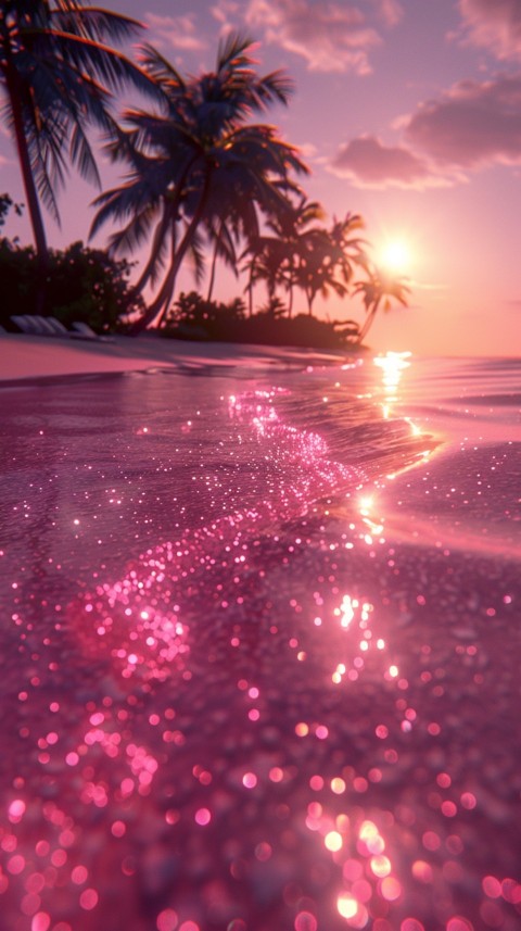 Beautiful beach Aesthetic with palm trees, sparkling water, pink and purple sky, sunset, sparkling glitter on the sand (305)