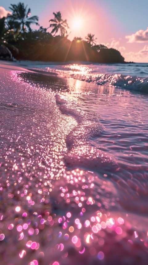 Beautiful beach Aesthetic with palm trees, sparkling water, pink and purple sky, sunset, sparkling glitter on the sand (316)