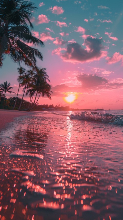 Beautiful beach Aesthetic with palm trees, sparkling water, pink and purple sky, sunset, sparkling glitter on the sand (324)