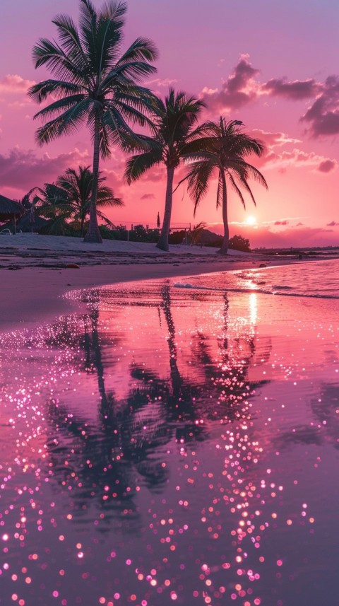 Beautiful beach Aesthetic with palm trees, sparkling water, pink and purple sky, sunset, sparkling glitter on the sand (313)