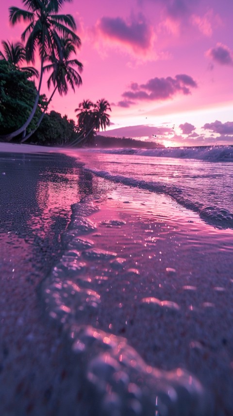 Beautiful beach Aesthetic with palm trees, sparkling water, pink and purple sky, sunset, sparkling glitter on the sand (312)
