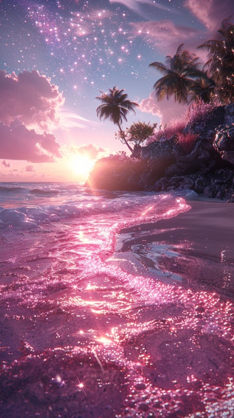 Beautiful beach Aesthetic with palm trees, sparkling water, pink and purple sky, sunset, sparkling glitter on the sand (325)