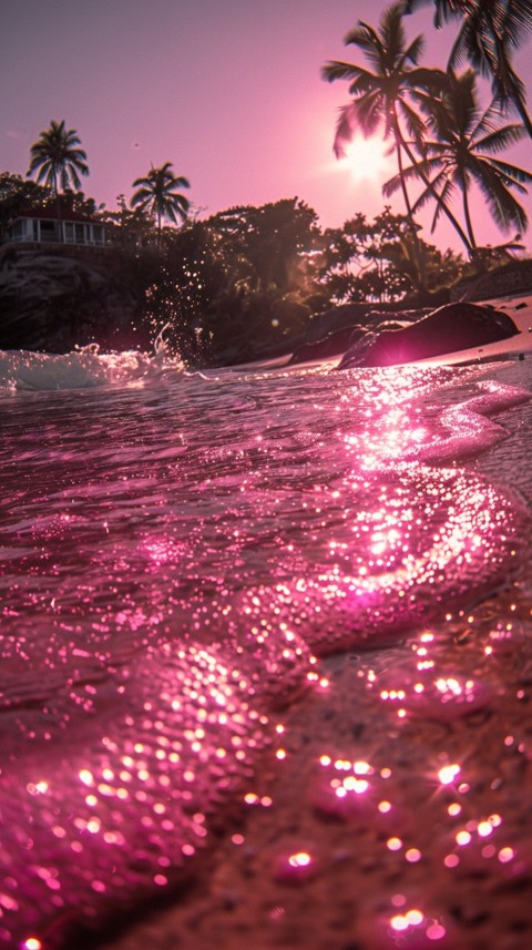 Beautiful beach Aesthetic with palm trees, sparkling water, pink and purple sky, sunset, sparkling glitter on the sand (327)