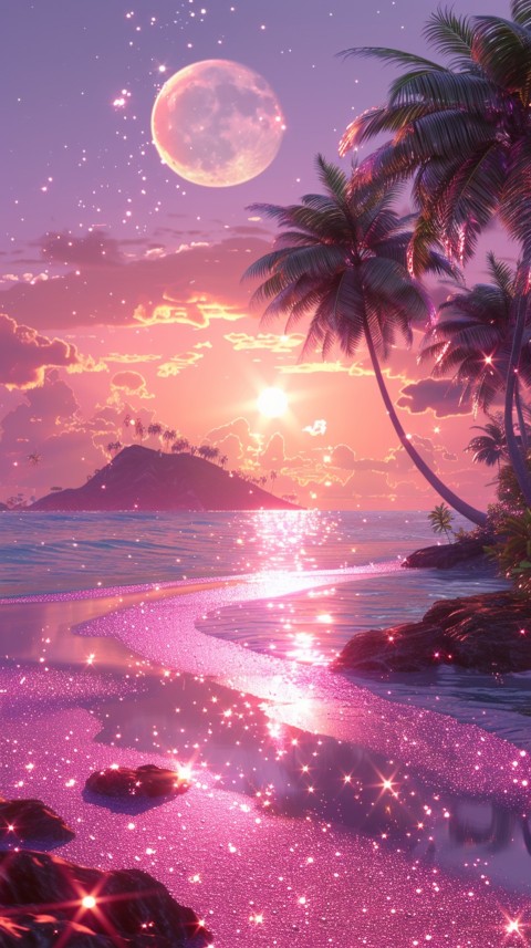 Beautiful beach Aesthetic with palm trees, sparkling water, pink and purple sky, sunset, sparkling glitter on the sand (308)