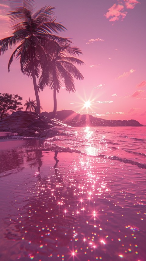 Beautiful beach Aesthetic with palm trees, sparkling water, pink and purple sky, sunset, sparkling glitter on the sand (319)