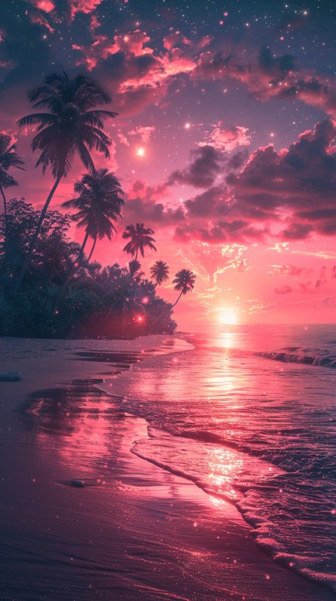 Beautiful beach Aesthetic with palm trees, sparkling water, pink and purple sky, sunset, sparkling glitter on the sand (303)