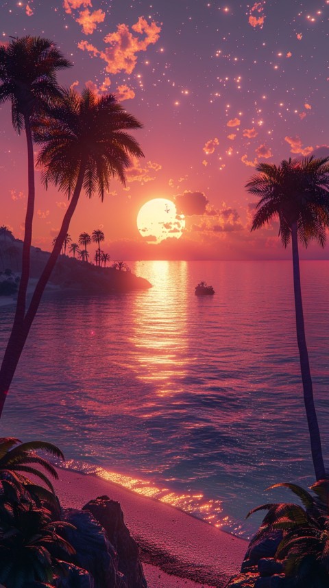 Beautiful beach Aesthetic with palm trees, sparkling water, pink and purple sky, sunset, sparkling glitter on the sand (317)