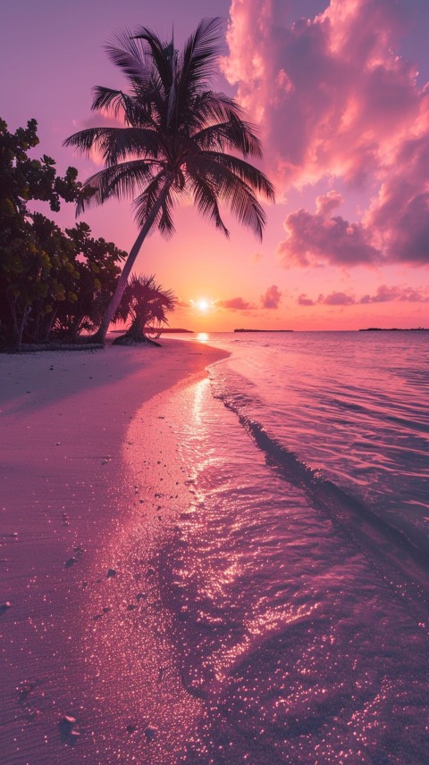 Beautiful beach Aesthetic with palm trees, sparkling water, pink and purple sky, sunset, sparkling glitter on the sand (306)