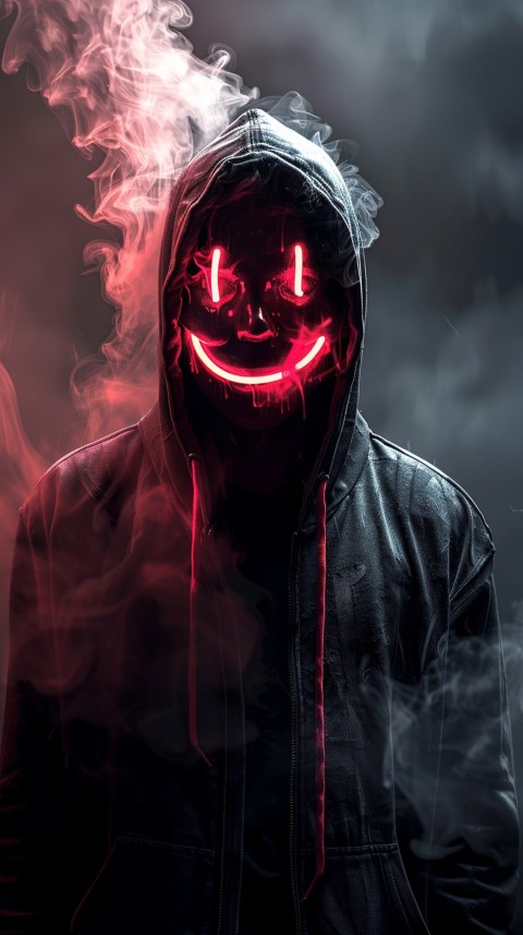 A boy wearing black hoodie with glowing neon smile face mask, surrounded by pink smoke and blue light in the dark background (5)
