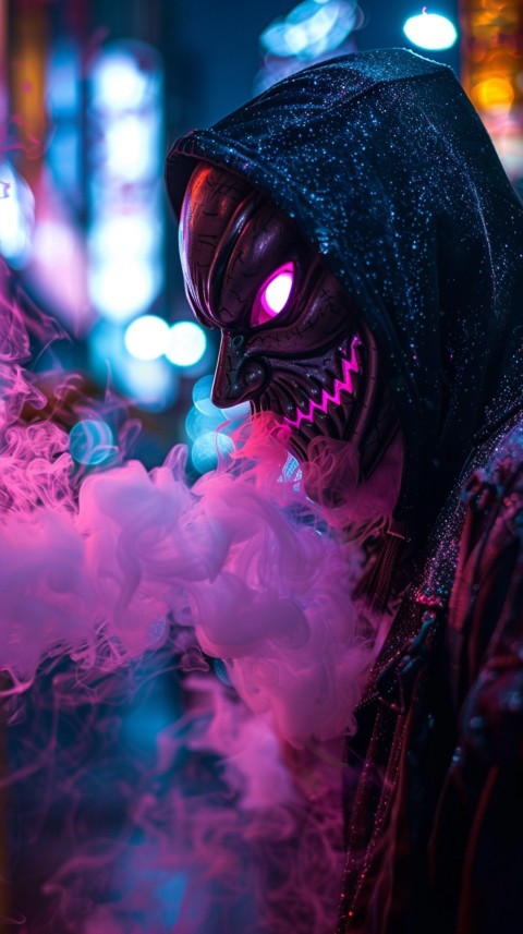 A boy wearing black hoodie with glowing neon smile face mask, surrounded by pink smoke and blue light in the dark background (1)