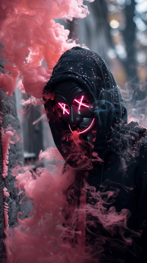 A boy wearing black hoodie with glowing neon smile face mask, surrounded by pink smoke and blue light in the dark background (9)