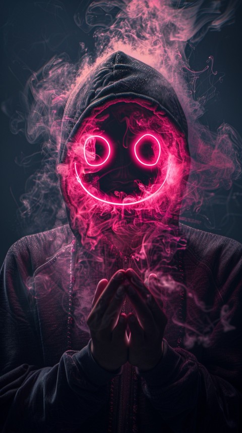 A boy wearing black hoodie with glowing neon smile face mask, surrounded by pink smoke and blue light in the dark background (3)