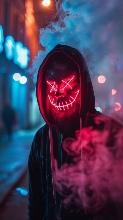 A boy wearing black hoodie with glowing neon smile face mask, surrounded by pink smoke and blue light in the dark background (8)