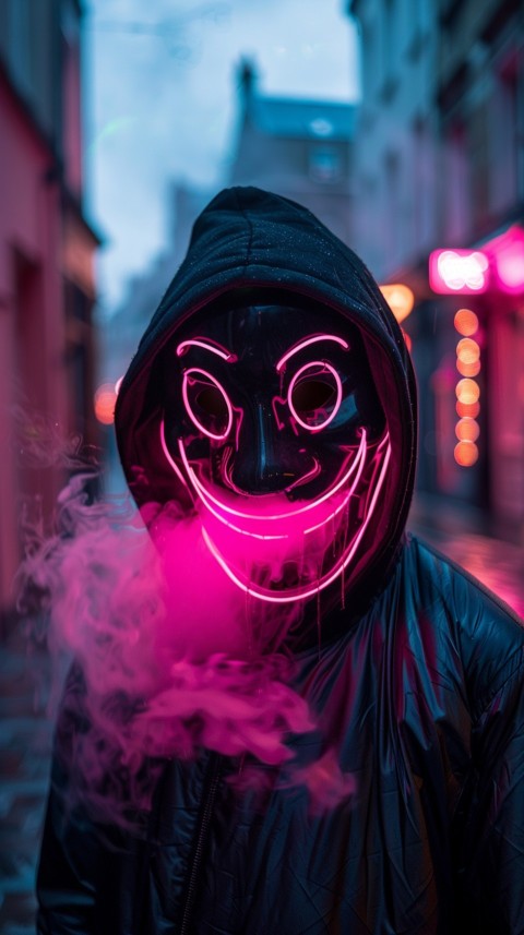 A boy wearing black hoodie with glowing neon smile face mask, surrounded by pink smoke and blue light in the dark background (7)