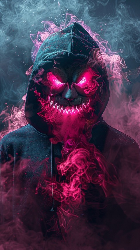 A boy wearing black hoodie with glowing neon smile face mask, surrounded by pink smoke and blue light in the dark background (4)
