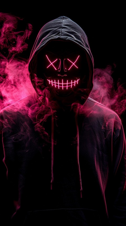 A boy wearing black hoodie with glowing neon smile face mask, surrounded by pink smoke and blue light in the dark background (20)