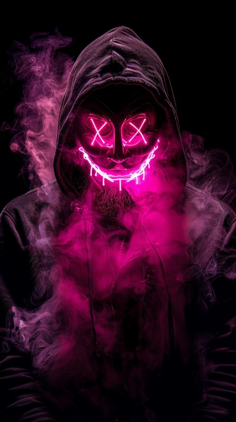 A boy wearing black hoodie with glowing neon smile face mask, surrounded by pink smoke and blue light in the dark background (25)